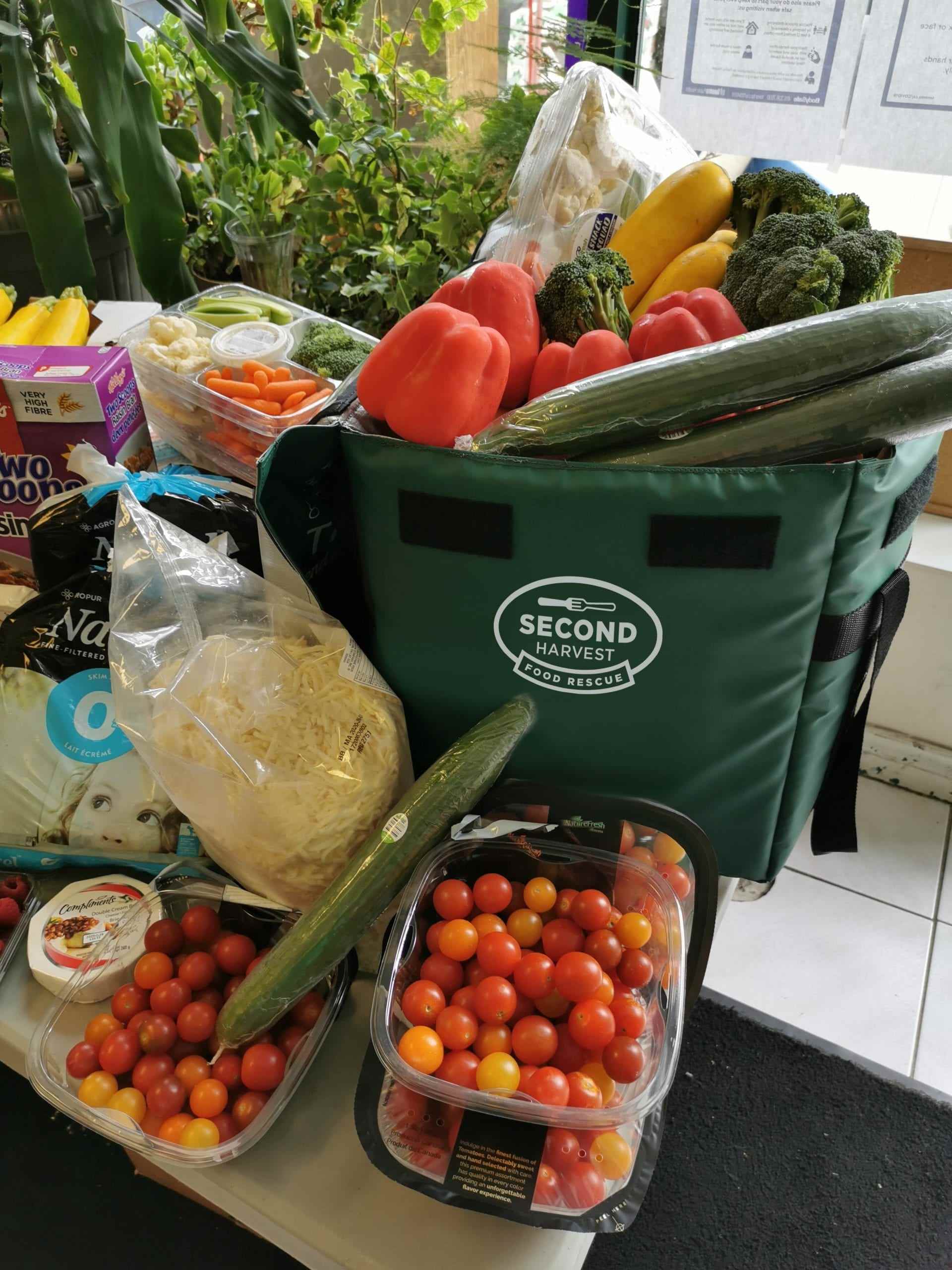 Groceries on table and inside Second Harvest Food Rescue cooler bag