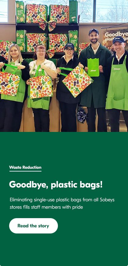 Sobeys team holding up reusable bags