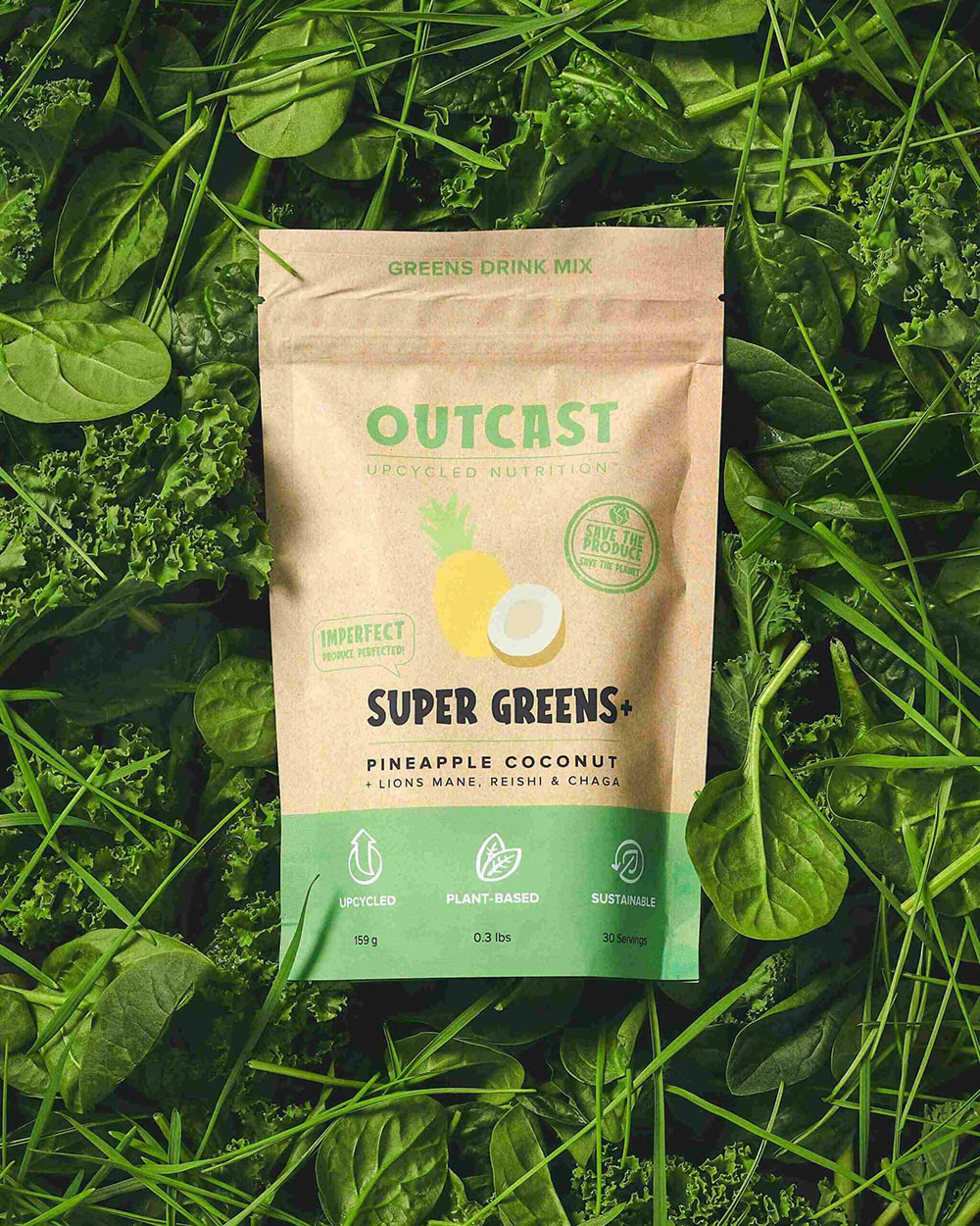 Package of Outcast green drink mix product called Super Greens with pineapple and coconut