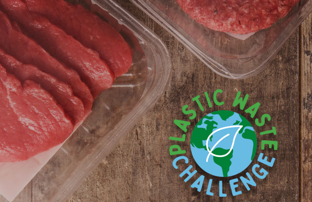 Packaged meat with now plastic packaging featuring the Plastic Waste Challenge logo in the bottom right corner