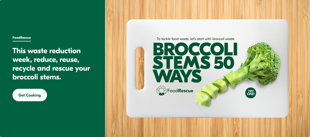 This image consists of a broccoli stem with the text "To tackle food waste, let's start with broccoli waste. Broccoli Stems 50 ways."